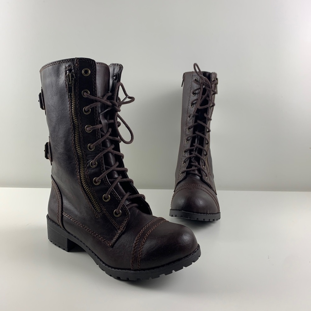 Unr8ed DOME Brown Faux Leather Lace/Zip Up Mid Calf Combat Boots Women’s Sz 7.5M